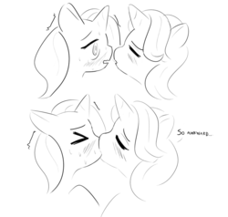 Size: 1445x1373 | Tagged: safe, artist:burgeroise, starlight glimmer, trixie, pony, unicorn, g4, awkward, blushing, dialogue, duo, eyes closed, female, kiss on the lips, kissing, lesbian, mare, monochrome, ship:startrix, shipping, sketch, sweat