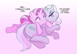Size: 1033x723 | Tagged: safe, artist:burgeroise, starlight glimmer, trixie, pony, unicorn, g4, blushing, butt, cute, dialogue, female, lesbian, lying down, mare, on side, plot, pony pillow, ship:startrix, shipping, the great and powerful ass