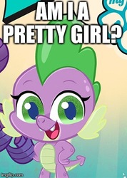 Size: 295x414 | Tagged: safe, editor:useraccount, rarity, spike, dragon, g4.5, my little pony: pony life, caption, dude looks like a lady, image macro, looking at you, one krabs trash, sex change, solo focus, spongebob squarepants, text