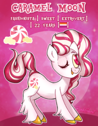 Size: 1308x1680 | Tagged: safe, artist:lilpinkghost, oc, oc only, oc:caramel moon, earth pony, pony, cute, design, female, funny, lesbian, pink, red, solo, white