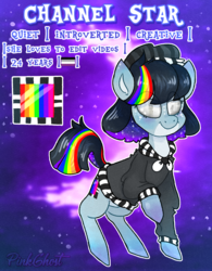 Size: 1308x1680 | Tagged: safe, artist:lilpinkghost, oc, oc only, earth pony, pony, asexual, blind, blue, female, mare, movie, rainbow, reference sheet, solo, stars, television, tsundere