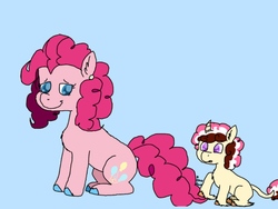 Size: 1200x900 | Tagged: safe, pinkie pie, oc, oc:napolitan swirl, classical unicorn, pony, unicorn, g4, adopted, alternate hairstyle, chest fluff, cloven hooves, colored hooves, colored pupils, cute, horn, leonine tail, onomatopoeia, parent:pinkie pie, playing, sound effects, tricolor mane, unshorn fetlocks