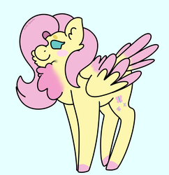 Size: 1280x1324 | Tagged: safe, artist:sickly-madames, fluttershy, pony, g4, blue background, blush sticker, blushing, cheek fluff, chest fluff, colored hooves, colored wings, colored wingtips, female, simple background, solo, tail feathers