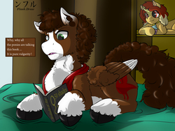 Size: 3080x2310 | Tagged: safe, artist:flash_draw, oc, oc only, oc:jessie feuer, oc:luke pineswood, alicorn, pegasus, pony, 50 shades of hay, book, chest fluff, clothes, collar, colored hooves, colt, cupcake, digital art, duo, ear fluff, female, fluffy, folded wings, food, heterochromia, hidden, high res, hoof fluff, lying down, lying on bed, male, mare, reading, scarf, stallion, wings