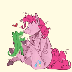 Size: 1280x1280 | Tagged: safe, artist:teethcake, gummy, pinkie pie, alligator, earth pony, pony, g4, chest fluff, cute, diapinkes, duo, female, fluffy, heart, leg fluff, mare, unshorn fetlocks