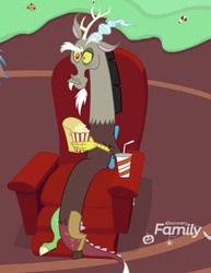 Size: 396x512 | Tagged: safe, screencap, discord, draconequus, g4, my little pony best gift ever, cropped, cup, discovery family logo, drink, drinking straw, eating, food, male, popcorn, soda, solo