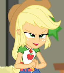 Size: 940x1080 | Tagged: safe, screencap, applejack, equestria girls, equestria girls series, g4, holidays unwrapped, the cider louse fools, spoiler:eqg series (season 2), applejack's hat, clenched fist, cowboy hat, cropped, female, freckles, geode of super strength, hat, magical geodes, smiling, solo
