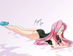 Size: 1017x786 | Tagged: safe, artist:shinta-girl, fluttershy, human, equestria girls, g4, ass, butt, clothes, commission, female, human coloration, humanized, solo, swimsuit