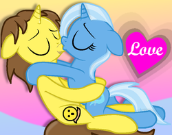 Size: 776x610 | Tagged: safe, artist:grapefruitface1, artist:ukulelemoon, trixie, oc, oc:grapefruit face, pony, g4, abstract background, base used, canon x oc, female, grapexie, kissing, male, self insert, shipping, show accurate, straight