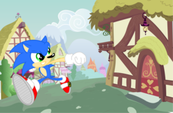 Size: 11736x7679 | Tagged: safe, artist:zachmartinez, g4, crossover, male, ponyville, sonic the hedgehog, sonic the hedgehog (series), style emulation