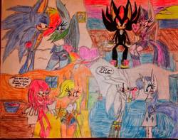 Size: 1828x1440 | Tagged: safe, artist:dansonic15, applejack, rainbow dash, rarity, twilight sparkle, alicorn, anthro, g4, crossover, female, knuckles the echidna, male, shadow the hedgehog, shipping, silver the hedgehog, sonic the hedgehog, sonic the hedgehog (series), sonicdash, straight, traditional art, twilight sparkle (alicorn)