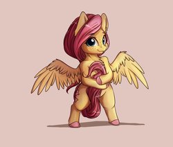 Size: 2332x1976 | Tagged: safe, artist:miokomata, fluttershy, pegasus, semi-anthro, g4, arm hooves, bipedal, chest fluff, covering, fangs, female, freckles, mare, sexy, simple background, smol, solo, tail between legs, tail covering