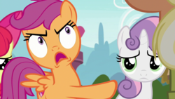 Size: 1920x1080 | Tagged: safe, screencap, apple bloom, mane allgood, scootaloo, sweetie belle, earth pony, pegasus, pony, unicorn, g4, the last crusade, angry, concerned, cutie mark, cutie mark crusaders, disgusted, female, filly, raised hoof, rejection, the cmc's cutie marks