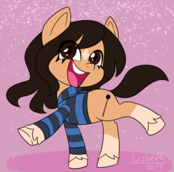 Size: 3728x3688 | Tagged: safe, artist:liziedoodle, oc, oc only, oc:lizie doodle, earth pony, pony, g4.5, my little pony: pony life, clothes, coat markings, extended trot pose, facial markings, female, high res, hoodie, mare, open mouth, open smile, smiling, socks (coat markings), solo, star (coat marking), striped hoodie