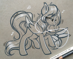 Size: 3213x2608 | Tagged: safe, artist:emberslament, oc, oc only, oc:amora bunny, pegasus, pony, blushing, colored pencil drawing, colored pencils, commission, cute, dancing, eyes closed, female, headphones, high res, ipod, mare, ocbetes, photo, solo, tongue out, traditional art, wing hands, wings, ych result