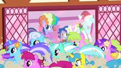 Size: 1280x720 | Tagged: safe, screencap, amethyst star, berry punch, berryshine, daisy, diamond mint, flower wishes, lemon hearts, linky, lyra heartstrings, shoeshine, sparkler, spike, twilight sparkle, dragon, earth pony, pony, unicorn, g4, season 1, the ticket master, alternate hairstyle, background pony, clothes, clown nose, coconut bikini, dust cloud, female, flower, flower in hair, galloping, male, mare, ponyquin, rainbow wig, rarity eyes, red nose, running, saddle, skirt, stampede, tack, twily the clown, unicorn twilight