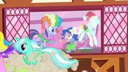 Size: 1280x720 | Tagged: safe, screencap, lyra heartstrings, spike, twilight sparkle, dragon, pony, unicorn, g4, season 1, the ticket master, background pony, clown nose, coconut bikini, dust cloud, female, galloping, male, mare, ponyquin, rainbow wig, red nose, twily the clown