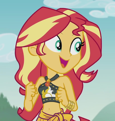 Size: 1021x1080 | Tagged: safe, screencap, sunset shimmer, equestria girls, g4, my little pony equestria girls: better together, unsolved selfie mysteries, beautiful, belly button, bikini, bikini babe, bracelet, clothes, cropped, cute, female, geode of empathy, happy, jewelry, magical geodes, midriff, sarong, shimmerbetes, sleeveless, smiling, solo, sunset shimmer's beach shorts swimsuit, swimsuit