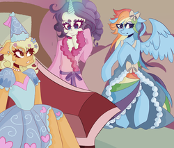 Size: 2000x1700 | Tagged: safe, artist:carrotjuiceee, applejack, rainbow dash, rarity, earth pony, pegasus, unicorn, anthro, g4, look before you sleep, applejack also dresses in style, clothes, dress, embarrassed, female, froufrou glittery lacy outfit, glowing horn, horn, looking at each other, looking at someone, looking away, princess applejack, puffy sleeves, rainbow dash always dresses in style