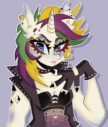 Size: 1700x2000 | Tagged: safe, artist:carrotjuiceee, rarity, unicorn, anthro, g4, alternate hairstyle, breasts, cleavage, clothes, ear piercing, eyeshadow, female, jacket, looking at you, makeup, piercing, punk, raripunk, solo