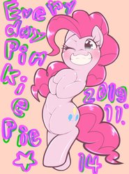 Size: 1536x2079 | Tagged: safe, artist:kurogewapony, pinkie pie, earth pony, pony, g4, bipedal, cute, diapinkes, female, mare, one eye closed, pink background, simple background, smiling, solo, stars, wink