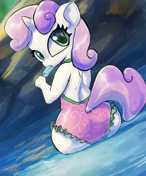 Size: 699x844 | Tagged: safe, artist:grissaecrim, sweetie belle, unicorn, anthro, g4, ass, bicolor swimsuit, butt, buttcheeks, clothes, cute, eating, eyelashes, female, filly, foal, food, frilled swimsuit, green eyes, horn, ice cream, looking back, one-piece swimsuit, open-back swimsuit, pink swimsuit, popsicle, sea salt ice cream, sitting, solo, sweetie butt, swimsuit, the ass was fat, water, white coat, white fur, wide hips