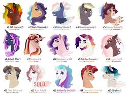 Size: 1032x774 | Tagged: safe, artist:cascayd, oc, oc only, earth pony, pegasus, pony, unicorn, adoptable, beard, braces, bust, coat markings, dappled, facial hair, female, for sale, freckles, glasses, hair over eyes, magical lesbian spawn, male, mare, offspring, one eye closed, parent:applejack, parent:cheese sandwich, parent:coloratura, parent:derpy hooves, parent:doctor whooves, parent:double diamond, parent:fluttershy, parent:maud pie, parent:mud briar, parent:pinkie pie, parent:princess celestia, parent:princess luna, parent:rainbow dash, parent:sunburst, parent:sunset shimmer, parent:trouble shoes, parent:twilight sparkle, parents:cheesepie, parents:dashlestia, parents:derpydash, parents:doctorderpy, parents:doubleshy, parents:flutterdash, parents:lunaburst, parents:lunajack, parents:lunashy, parents:maudbriar, parents:rarajack, parents:sunsestia, parents:troubledash, parents:troubleshy, parents:twiluna, scar, shipping, simple background, stallion, tongue out, white background, wink