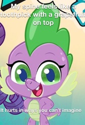 Size: 1636x2400 | Tagged: safe, edit, edited screencap, screencap, spike, dragon, g4.5, my little pony: pony life, caption, cropped, disproportional anatomy, giant head, impossibly large head, pain, pony life drama, reality ensues, solo focus