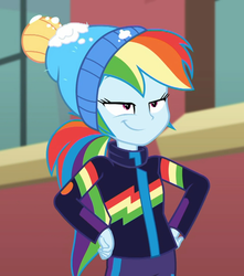 Size: 956x1080 | Tagged: safe, screencap, rainbow dash, blizzard or bust, equestria girls, equestria girls series, holidays unwrapped, spoiler:eqg series (season 2), canterlot high, clothes, cropped, faic, female, hand on hip, jacket, outdoors, rainbow dash is best facemaker, smiling, smirk, smug, smugdash, snow, solo, toque, winter jacket, winter outfit