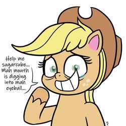 Size: 1080x1080 | Tagged: safe, artist:mkogwheel, applejack, earth pony, pony, g4.5, my little pony: pony life, body horror, crying, female, looking at you, mare, reality ensues, smiling, solo, teary eyes