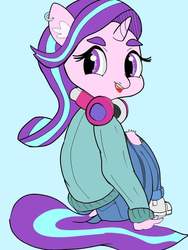 Size: 720x960 | Tagged: safe, artist:maxend1994, starlight glimmer, unicorn, anthro, g4, clothes, cute, dock, ear fluff, ear piercing, earring, female, glimmerbetes, headphones, jewelry, leg fluff, looking at you, looking back, looking back at you, mare, pants, piercing, shirt, shoes, solo