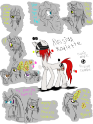 Size: 1200x1600 | Tagged: safe, artist:didun850, apple bloom, pinkie pie, princess cadance, scootaloo, shining armor, sweetie belle, oc, oc:russian roulette, alicorn, earth pony, pegasus, pony, unicorn, g4, :o, bandage, bust, cutie mark crusaders, female, filly, frown, glowing horn, gun, hair over one eye, horn, looking up, magic, male, mare, open mouth, reference sheet, russian roulette, scared, simple background, stallion, story included, telekinesis, transparent background, weapon