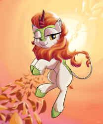 Size: 2000x2400 | Tagged: safe, artist:rocket-lawnchair, autumn blaze, kirin, g4, :3, backlighting, cloven hooves, female, high res, leaves, lidded eyes, looking at you, smiling, solo, sun
