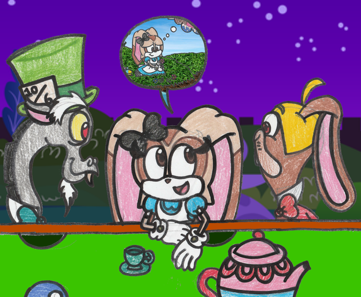 Alice Alice In Wonderland Artist Drquack64 Broodals Cream The Rabbit Crossover Discord Mad Hatter March Hare Rango Safe Sonic The Hedgehog Series Super Mario Bros Super Mario Odyssey Derpibooru