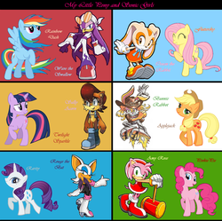 Size: 1561x1553 | Tagged: safe, artist:pinkflickly, applejack, fluttershy, pinkie pie, rainbow dash, rarity, twilight sparkle, bat, pony, unicorn, g4, amy rose, bunnie rabbot, comparison, cream the rabbit, crossover, male, mane six, rouge the bat, sally acorn, sonic the hedgehog, sonic the hedgehog (series), unicorn twilight, wave the swallow
