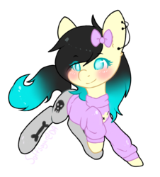 Size: 906x1004 | Tagged: safe, artist:pomrawr, oc, oc only, earth pony, pony, blushing, bow, clothes, ear piercing, earth pony oc, hair bow, piercing, simple background, skull, solo, transparent background