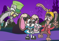 Size: 2135x1515 | Tagged: safe, artist:drquack64, discord, g4, alice, alice in wonderland, broodals, cake, cream the rabbit, crossover, food, mad hatter, male, march hare, rango, sonic the hedgehog, sonic the hedgehog (series), super mario bros., super mario odyssey
