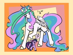 Size: 2048x1531 | Tagged: safe, artist:greyscaleart, princess celestia, twilight sparkle, alicorn, pony, unicorn, the tiny apprentice, abstract background, colored hooves, confused, cute, duo, duo female, exclamation point, eyebrows, eyebrows visible through hair, eyes closed, featured image, female, filly, filly twilight sparkle, fluffy, frown, happy, hoof fluff, horn, lidded eyes, looking down, mare, messy mane, missing accessory, momlestia fuel, music notes, open mouth, open smile, partially open wings, pictogram, raised hoof, raised leg, shoulder fluff, singing, size difference, smiling, smol, speech bubble, standing, sweet dreams fuel, tail, twiabetes, unicorn twilight, unshorn fetlocks, wall of tags, wide grin, wing fluff, wings, younger