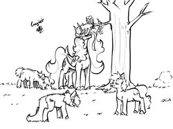 Size: 2048x1531 | Tagged: safe, artist:greyscaleart, princess celestia, alicorn, earth pony, pony, g4, :t, :v, behaving like a giraffe, black and white, derp, eating, eyes closed, female, grass, grayscale, grazing, herbivore, horses doing horse things, lidded eyes, lineart, looking at you, looking up, majestic as fuck, male, mare, monochrome, open mouth, puffy cheeks, simple background, smiling, stallion, tallestia, tree, wat, white background, wide eyes