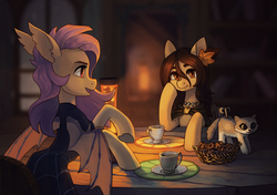Size: 2019x1425 | Tagged: safe, artist:koviry, fluttershy, oc, bat pony, earth pony, pony, g4, bat ponified, cat toy, clothes, cup, dress, flutterbat, food, lava lamp, open mouth, plate, race swap, sitting, table, tea, tea party, teacup