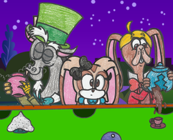 Size: 2019x1642 | Tagged: safe, artist:drquack64, discord, g4, alice, alice in wonderland, broodals, cream the rabbit, crossover, mad hatter, male, march hare, rango, sonic the hedgehog, sonic the hedgehog (series), super mario bros., super mario odyssey