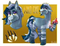 Size: 5000x3907 | Tagged: safe, artist:jeshh, oc, oc only, oc:wild cat, hybrid, pony, zebroid, zony, absurd resolution, bottle, interspecies offspring, magical lesbian spawn, offspring, parent:doctor fauna, parent:zecora, reference sheet, solo