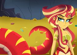 Size: 1920x1372 | Tagged: safe, artist:wubcakeva, sunset shimmer, lamia, monster girl, original species, snake, armlet, bandeau, belly button, cove, elf ears, eyelashes, fangs, female, gold, jewelry, lamiafied, lidded eyes, long hair, midriff, necklace, slit pupils, solo, species swap, sunset slither, treasure
