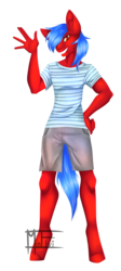 Size: 1596x3558 | Tagged: safe, artist:minelvi, oc, oc only, oc:firewolfy, earth pony, anthro, unguligrade anthro, clothes, earth pony oc, grin, hand on hip, looking at you, male, shorts, signature, simple background, smiling, solo, stallion, transparent background, waving