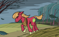 Size: 1508x942 | Tagged: safe, artist:sirvalter, big macintosh, earth pony, pony, g4, leaves, male, solo, stallion, tree, wind