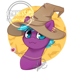 Size: 474x474 | Tagged: safe, artist:helithusvy, oc, oc only, oc:starfly, pegasus, pony, blue eyes, blue hair, bust, hat, jewelry, necklace, pegasus oc, purple, witch, witch hat, ych result