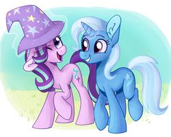 Size: 1024x820 | Tagged: safe, artist:lupispone, starlight glimmer, trixie, pony, unicorn, g4, accessory swap, clothes, duo, duo female, female, glowing horn, hat, horn, mare, one eye closed, smiling, trixie's hat