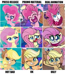Size: 1474x1693 | Tagged: safe, edit, applejack, fluttershy, pinkie pie, earth pony, pony, g4.5, my little pony: pony life, applejack's hat, cowboy hat, cropped, eyes closed, female, hat, lidded eyes, looking at you, mare, one eye closed, open mouth, opinion, pony life drama, smiling, wink