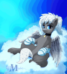 Size: 2000x2200 | Tagged: safe, artist:wildviolet-m, oc, oc only, oc:stellar phoenix, pegasus, pony, animated, blinking, chest fluff, clothes, cloud, collar, ear piercing, earring, female, freckles, gif, high res, jewelry, looking at you, mare, piercing, sexy, sky, socks, solo, spread legs, spreading, tail swish, underhoof, ych result