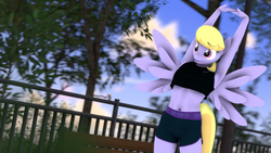 Size: 1920x1080 | Tagged: safe, artist:spinostud, cloud kicker, anthro, g4, 3d, armpits, arms in the air, clothes, female, legs, park, shorts, solo, source filmmaker, stretching, thighs, tomboy